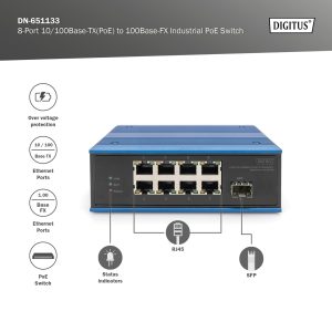 DN651133-2-H.jpg DIGITUS Switch PoE industriale da 8 porte 10/100Base-TX(PoE) a 100Base-FX