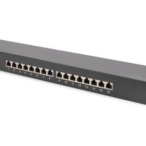DN91616SBG.jpg PANNELLO PATCH 19" SCHERMATO 16 PORTE 8 POLI RJ45 PER RETI CATEGORIA 6 - 1 UNITA' NERO