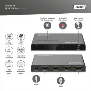 DS55333-11-H.jpg SWITCH HDMI 3x1 8K/60Hz (4:4:4), HDR, HDCP 2.3