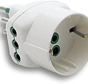 F82210G.jpg ADATTATORE TRIPLO CON SPINA ITALIANA TRIPOLARE 10A, 2 PRESE TRIPOLARI ITALIANE 10A E 1 PRESA TRIPOLARE ITALIANA/SCHUKO 10A