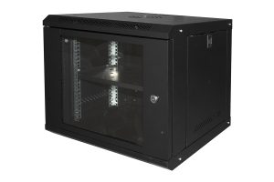 LK1909UNLG.jpg ARMADIO RACK 19" 9U LINK SERIE LIGHT COLORE NERO CON PORTA VETRO (AxPxL) MM 450X400X530 RIPIANO INCLUSO