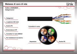 LK305U6EST-19-H.jpg CAVO SOLIDO U/UTP PER RETI CATEGORIA 6 AWG24 IN RAME PER ESTERNO GUAINA PE MATASSA 305 MT