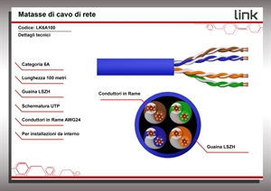 MATASSA CAVO RETE CATEGORIA 6A NON SCHERMATO UTP AWG24 HALOGENFREE FLESSIBILE COLORE BLU MT.100