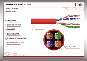 MATASSA CAVO RETE CATEGORIA 6A NON SCHERMATO UTP AWG24 HALOGENFREE FLESSIBILE COLORE ROSSO MT.100