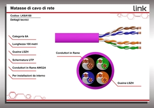 MATASSA CAVO RETE CATEGORIA 6A NON SCHERMATO UTP AWG24 HALOGENFREE FLESSIBILE COLORE VIOLA MT.100