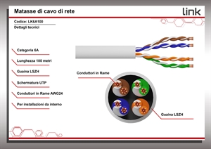 MATASSA CAVO RETE CATEGORIA 6A NON SCHERMATO UTP AWG24 HALOGENFREE FLESSIBILE COLORE BIANCO MT.100