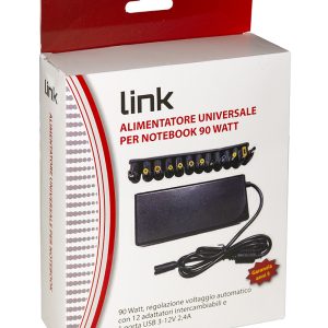 LKAD90WA1-15-H.jpg ALIMENTATORE UNIVERSALE PER NOTEBOOK 90 WATT 5A MAX, REGOLAZIONE AUTOMATICA 12-20 VOLT CON 12 ADATTATORI , 1 PORTA USB PER RICARICA 5 VOLT 18 WATT