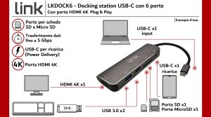 LKDOCK6-15-H.jpg DOCKING STATION USB-C CON 6 PORTE: HDMI® 4K, USB-C, 2XUSB 3.0, LETTORE CARD MICRO SD, SD/MMC