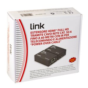 LKEXT161-15-H.jpg ESTENSORE HDMI® TRAMITE CAVO RETE CAT 6 FINO A 60 METRI 1080P CON COMANDO INFRAROSSI ALIMENTAZIONE DEL RICEVITORE POC (POWER OVER CABLE)