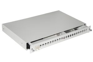 CASSETTO FIBRA OTTICA 24 PORTE PER ADATTATORI LC DUPLEX E SC SIMPLEX 1 UNITA' PER INSTALLAZIONE 19" GRIGIO CON BINARI TELESCOPICI