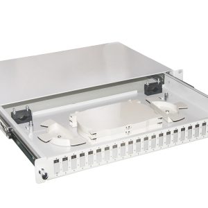 LKFO24SCD-1-H.jpg CASSETTO FIBRA OTTICA 24 PORTE PER ADATTATORI SC DUPLEX 1 UNITA' PER INSTALLAZIONE 19" GRIGIO CON BINARI TELESCOPICI