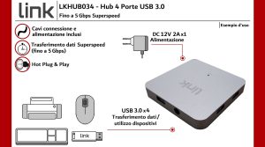 HUB 4 PORTE USB 3.0 CON ALIMENTATORE