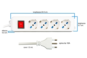 LKMP04-3.jpg MULTIPRESA 4 PRESE UNIVERSALI ITA/SCHUKO 10/16 A - SPINA 16 A CON INTERRUTTORE
