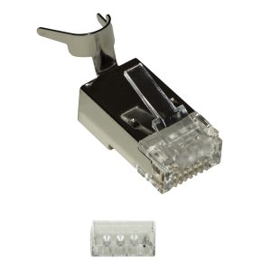 LKPL87SG.jpg CONFEZIONE 10 PLUG SCHERMATI 8 POLI RJ45 PER CAVO FINO A 1,5 MM2 CAT 5E, 6, 6A E 7 CON INSERITORE PER CAVO SOLIDO O FLESSIBILE