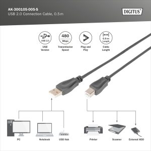 DIGITUS Cavo di collegamento USB 2.0 mt 0,5 colore nero